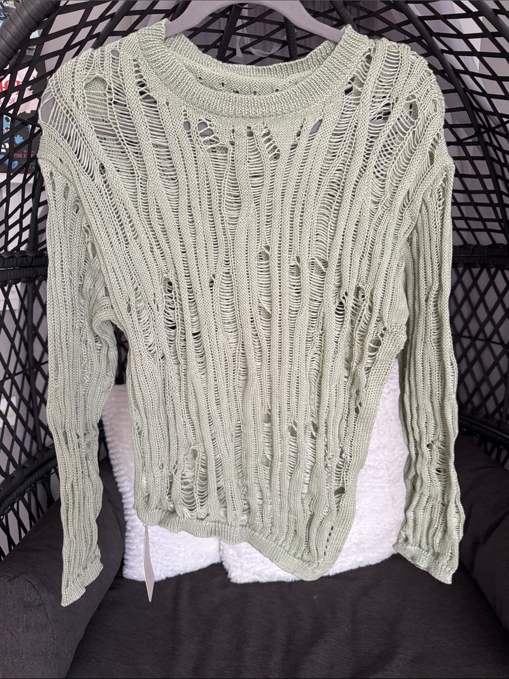 Distressed Sage Open-Knit Crew Sweater - Women